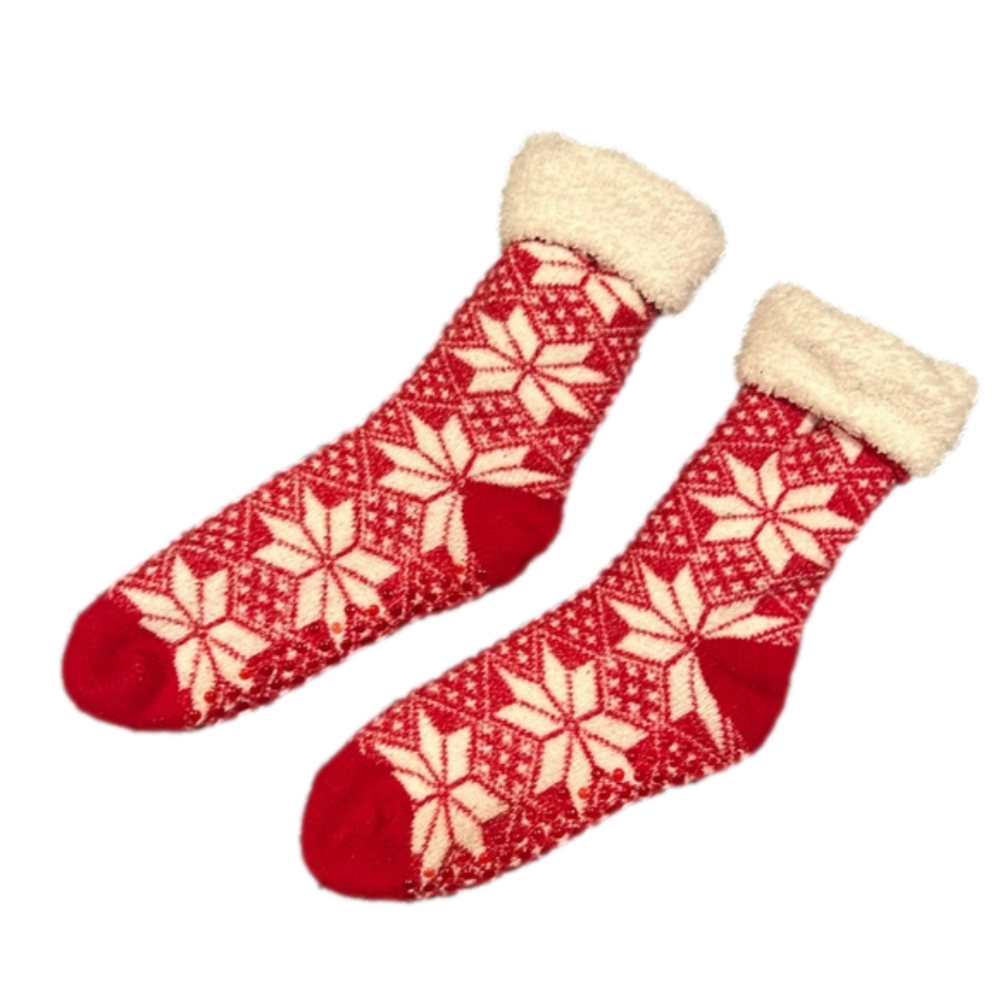 Red and White Snowflake Extra Thick Fold Over Fuzzy Socks Calf Length with Grips